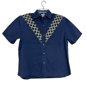 Vintage 80s Glam Button Up Shirt Womens‎ L Navy Blue Gold Rhinestone Rockabilly